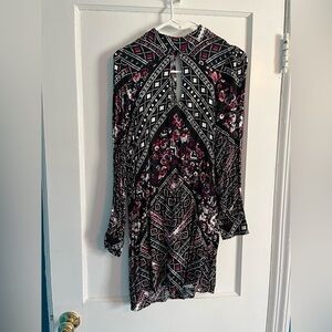 Express Women's Black Floral & Geometric Long-Sleeve Mini Dress